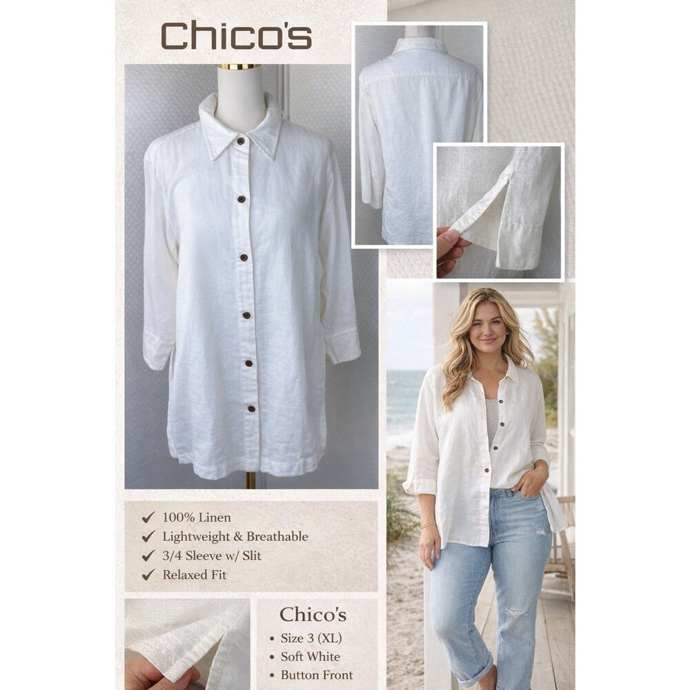 Chicos Womens Sz 3 XL White Linen 3/4 Sleeves Button Up Shirt Top VTG Y2K